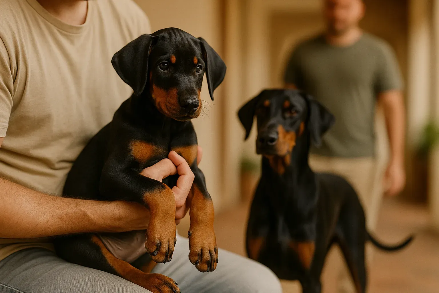 Manos sostienen a un cachorro Doberman con orejas naturales en un entorno iluminado por luz natural.
