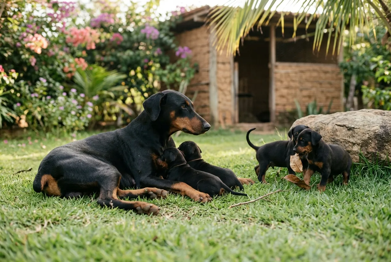 Doberman mother lying on the grass surrounded by her natural-eared puppies playing together outdoors.