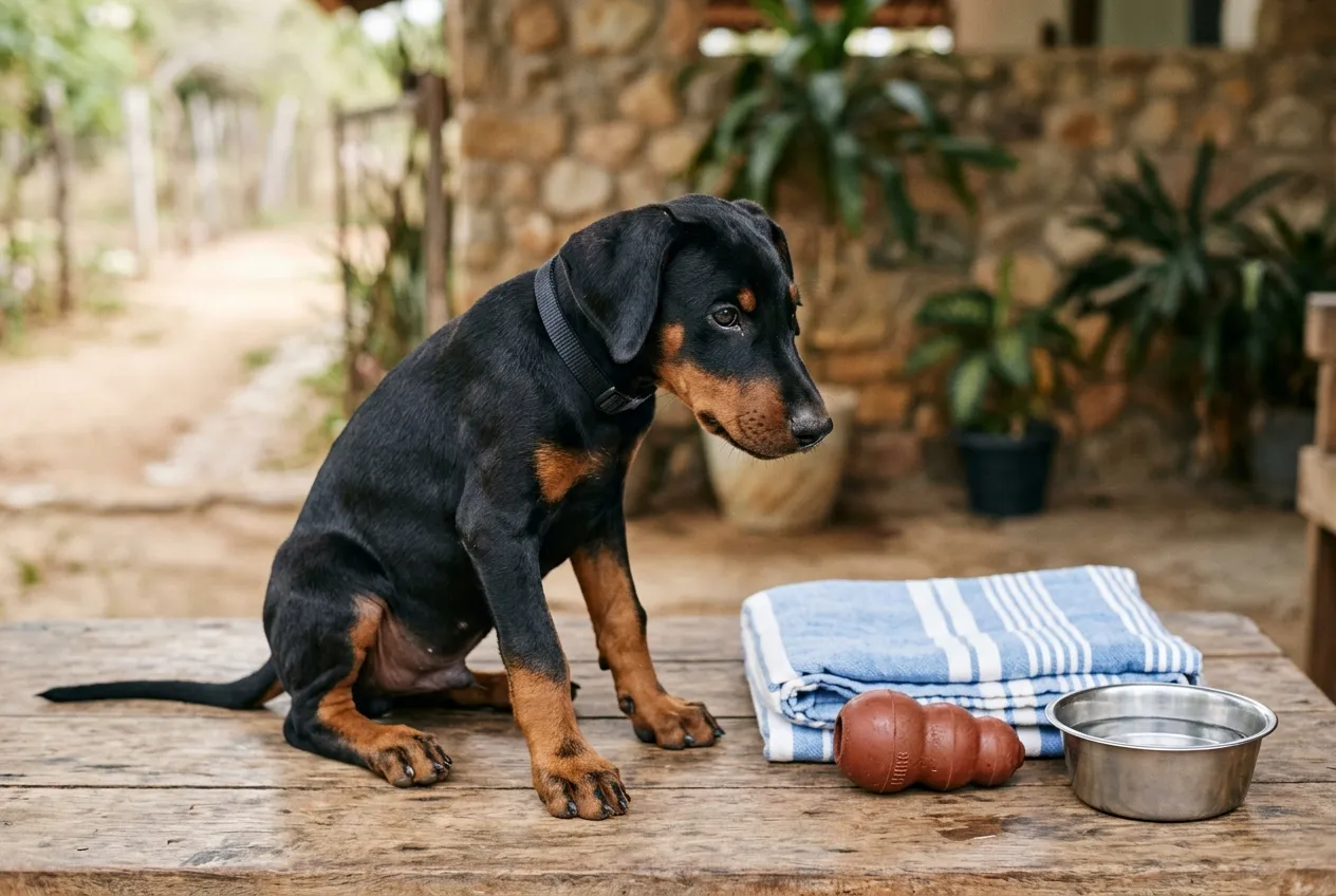 Natural-eared Doberman puppy beside a folded blanket, toy, and bowl on a wooden table.