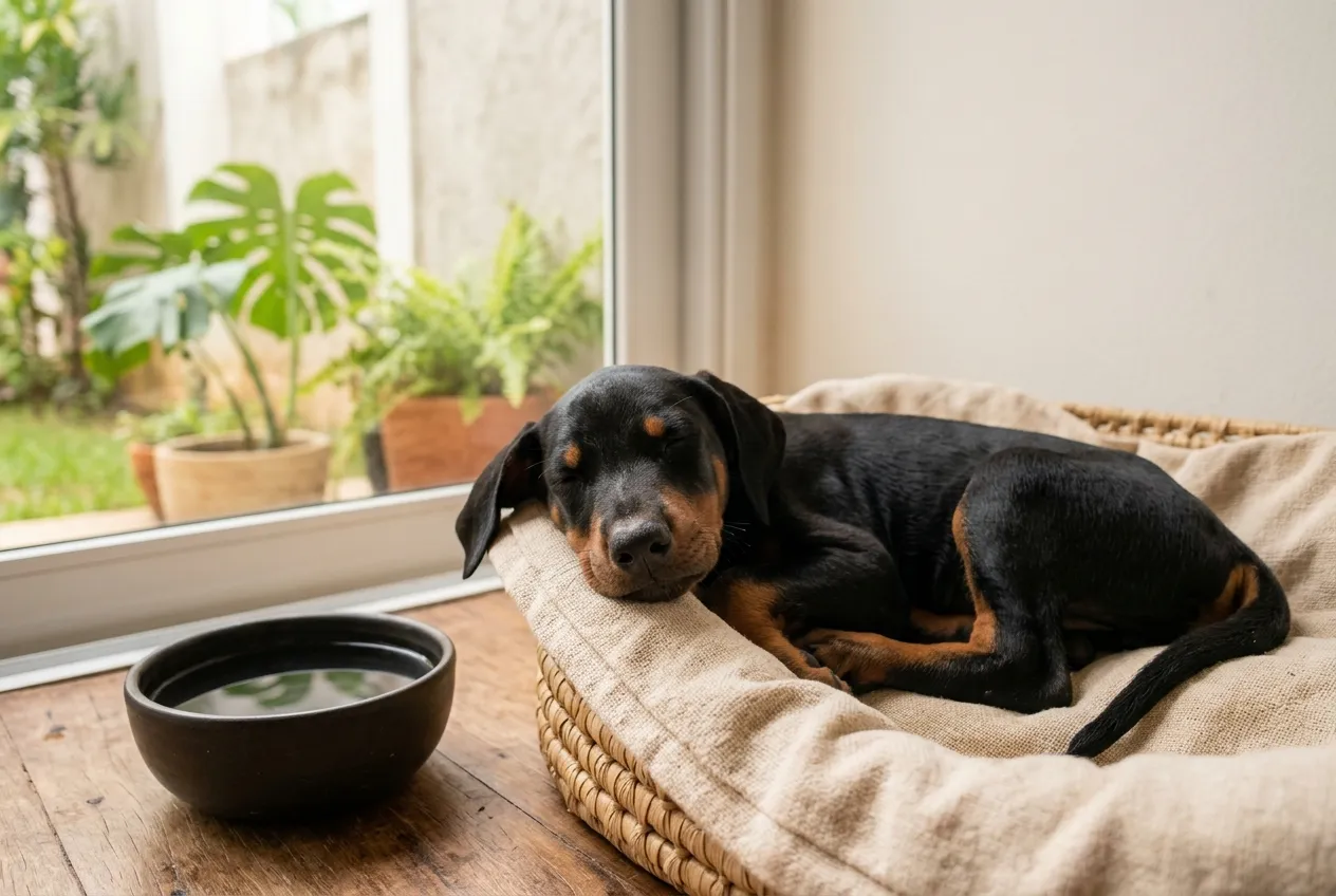 Natural-eared Doberman puppy lying in a comfortable bed next to a water bowl.