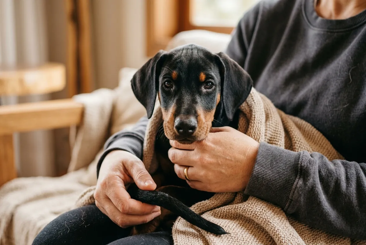 Hands gently hold a natural-eared Doberman puppy in a bright room.
