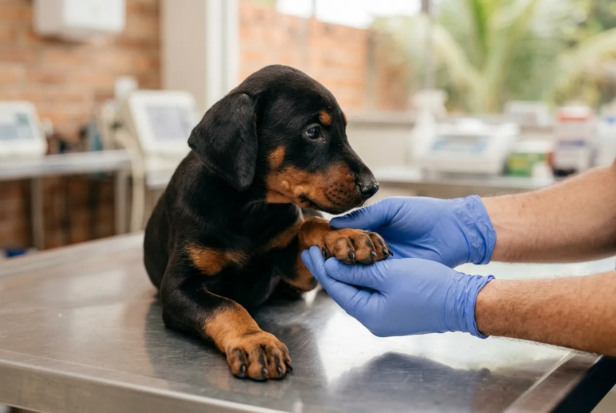 Hands of a veterinarian examining the paw of a Doberman puppy with natural ears on a clinic table.