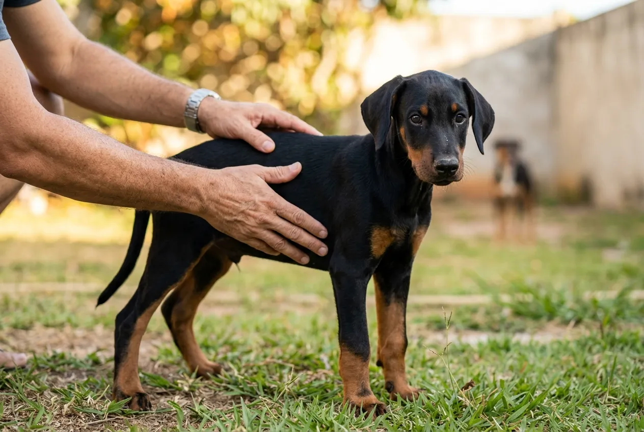 Hands feeling the side of a natural-eared Doberman puppy's body on a sunny lawn.