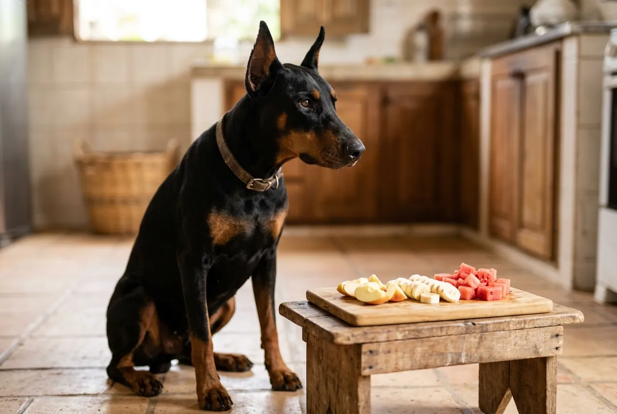 Doberman adulto negro y fuego, de orejas erguidas, sentado en la cocina junto a una tabla con rodajas de manzana sin semillas, rodajas de banana y cubos de sandía sin cáscara