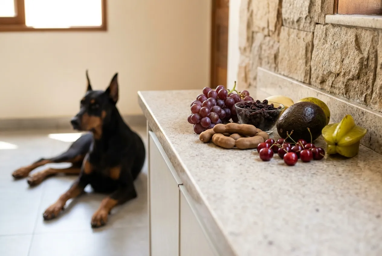 Uvas, pasas, tamarindo, un aguacate, cerezas y una carambola al fondo de la encimera de la cocina, con un Doberman adulto tumbado en el piso al fondo, desenfocado