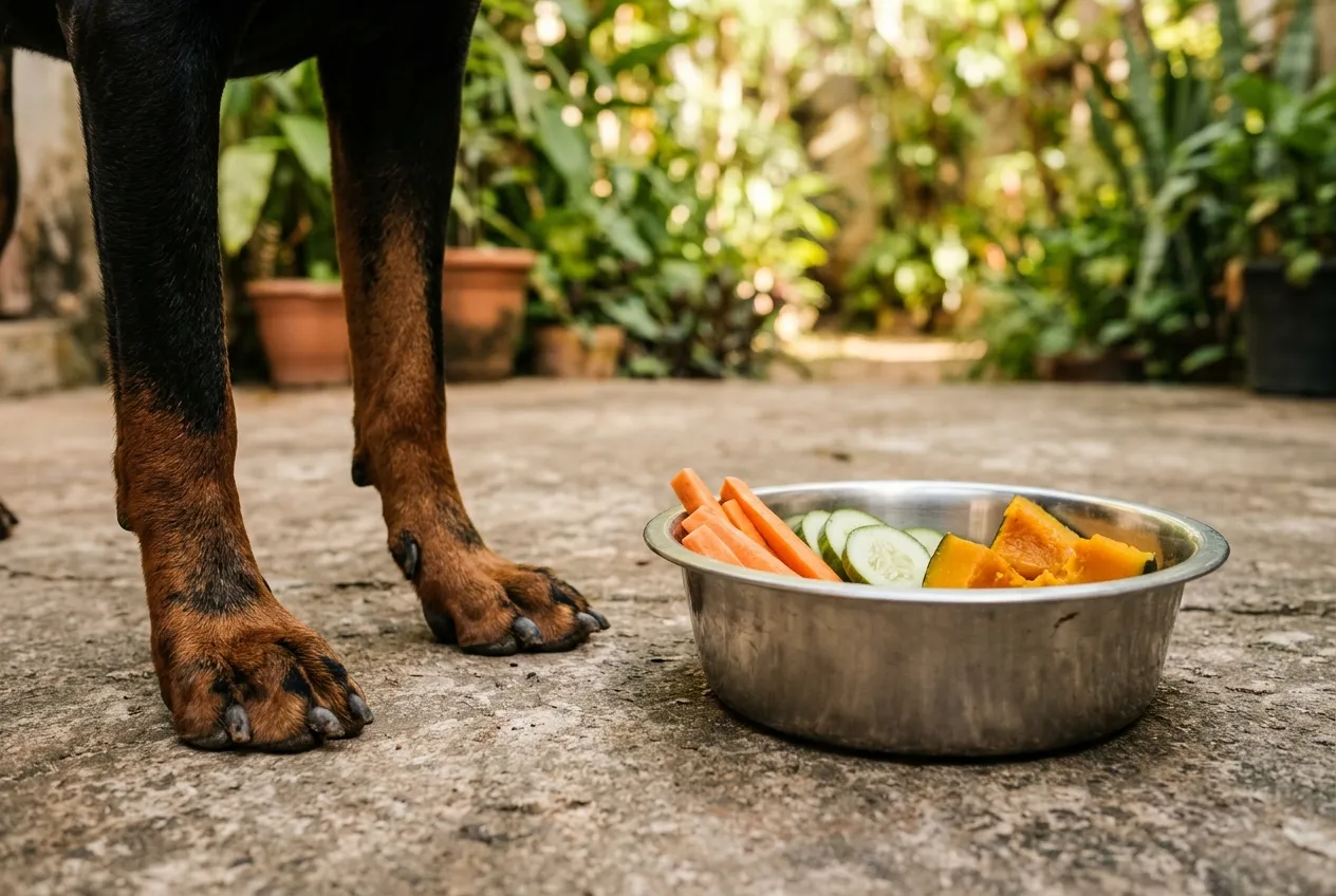 Plato de acero inoxidable con bastones de zanahoria, rodajas de pepino y trozos de calabaza cocida en el piso de un patio, junto a las patas delanteras de un Doberman