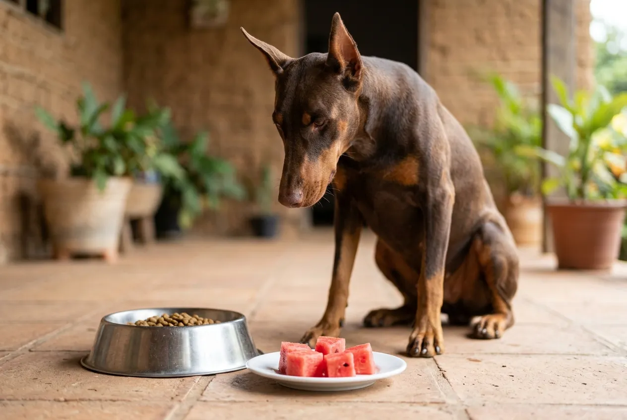 Plato de acero inoxidable lleno de alimento seco junto a un platito con unos pocos cubos de sandía sin cáscara, con un Doberman adulto marrón sentado detrás