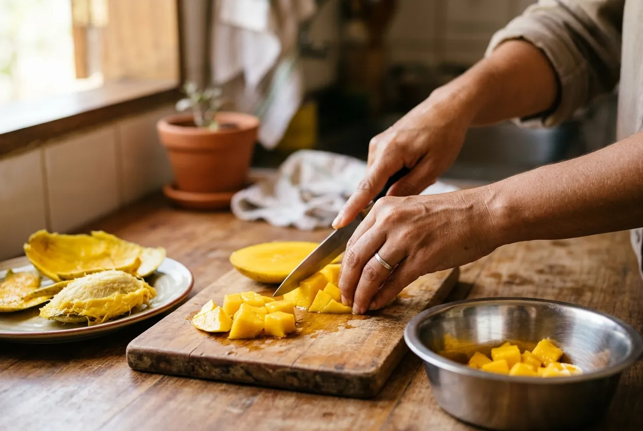 Manos cortando mango maduro en cubos sobre una tabla de madera, con la cáscara y el hueso en un plato aparte y algunos cubos ya en un plato de acero inoxidable