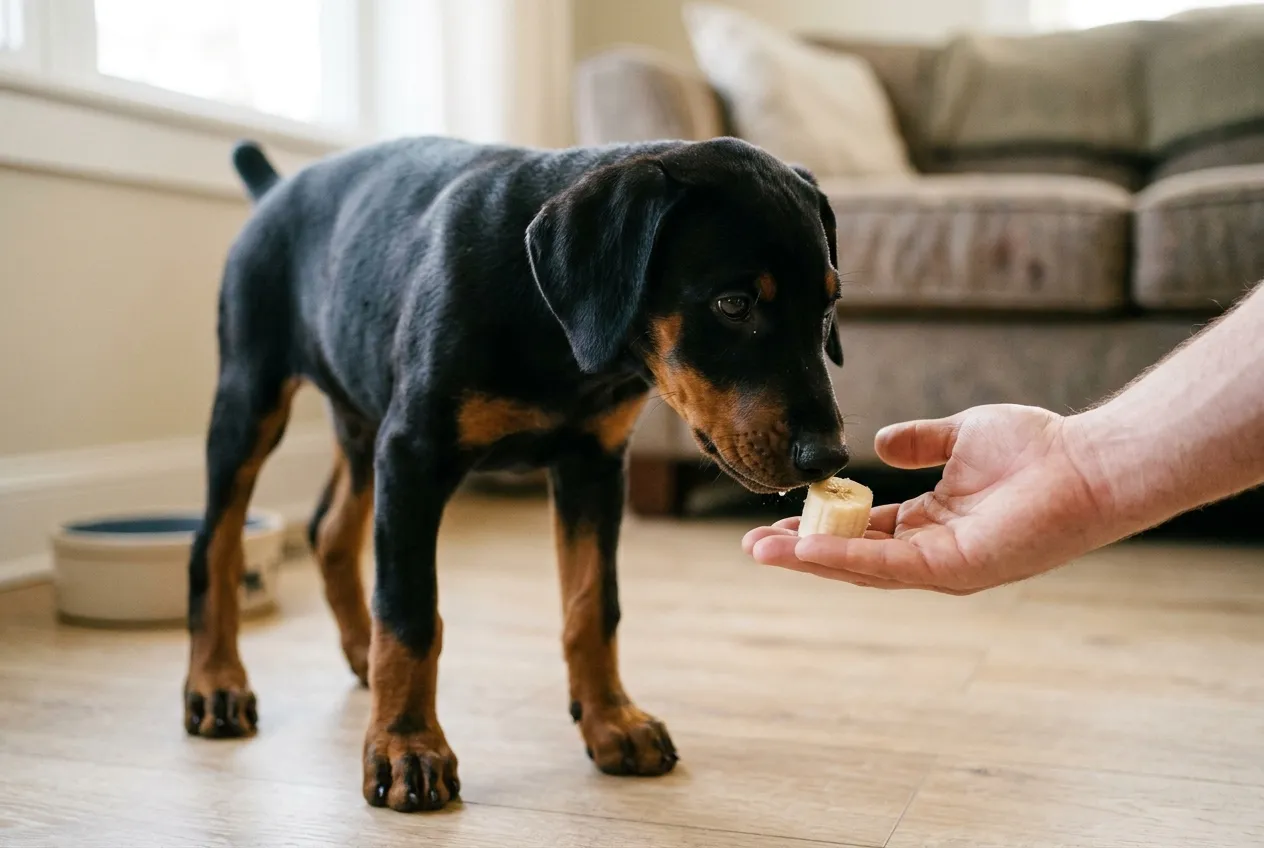 Cachorro de Doberman negro y fuego, de orejas caídas, oliendo una rodaja de banana en la palma de una mano, en una sala con piso de madera