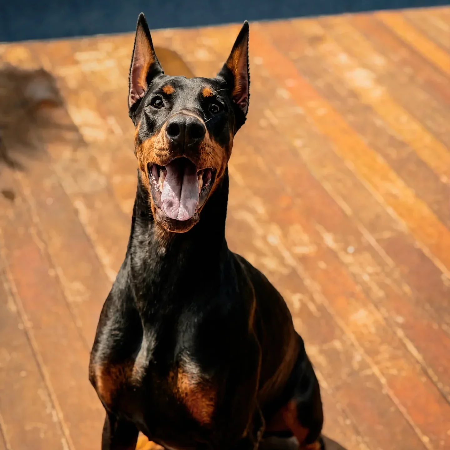 A black and rust Dobermann with cropped ears sitting on a sunny wooden deck with her mouth open