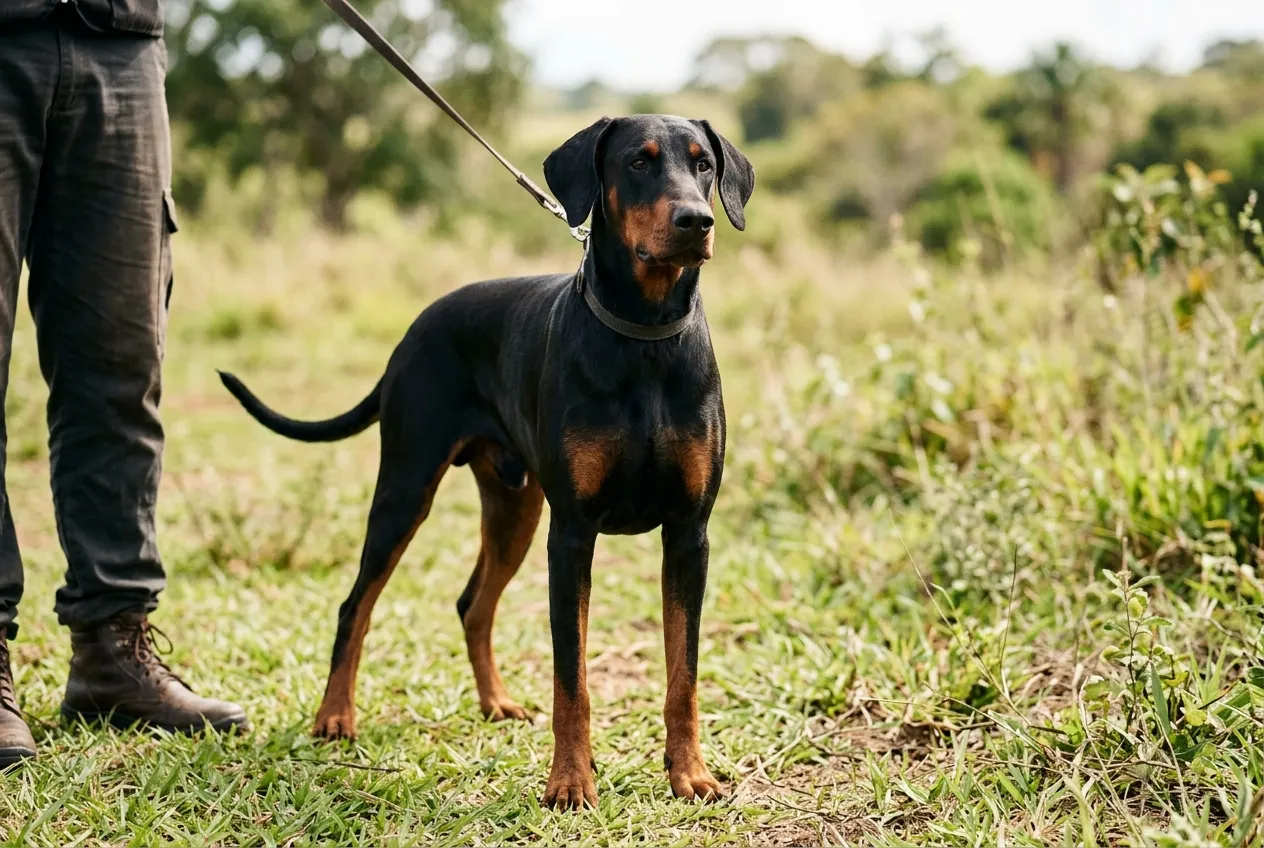 Doberman de orejas naturales en postura atenta en un campo de césped durante un entrenamiento al aire libre.