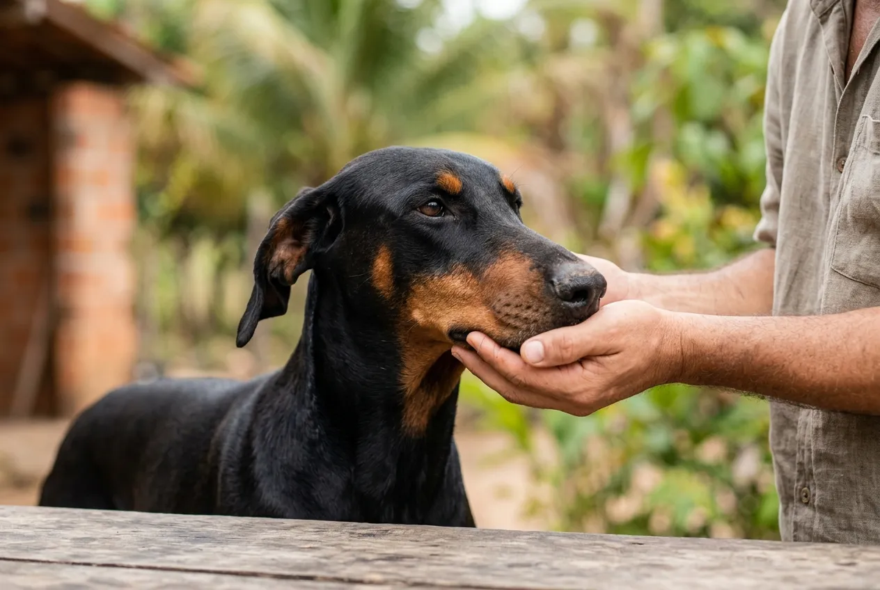 Manos de una persona acariciando el hocico de un Doberman de orejas naturales sobre una mesa de madera al aire libre.