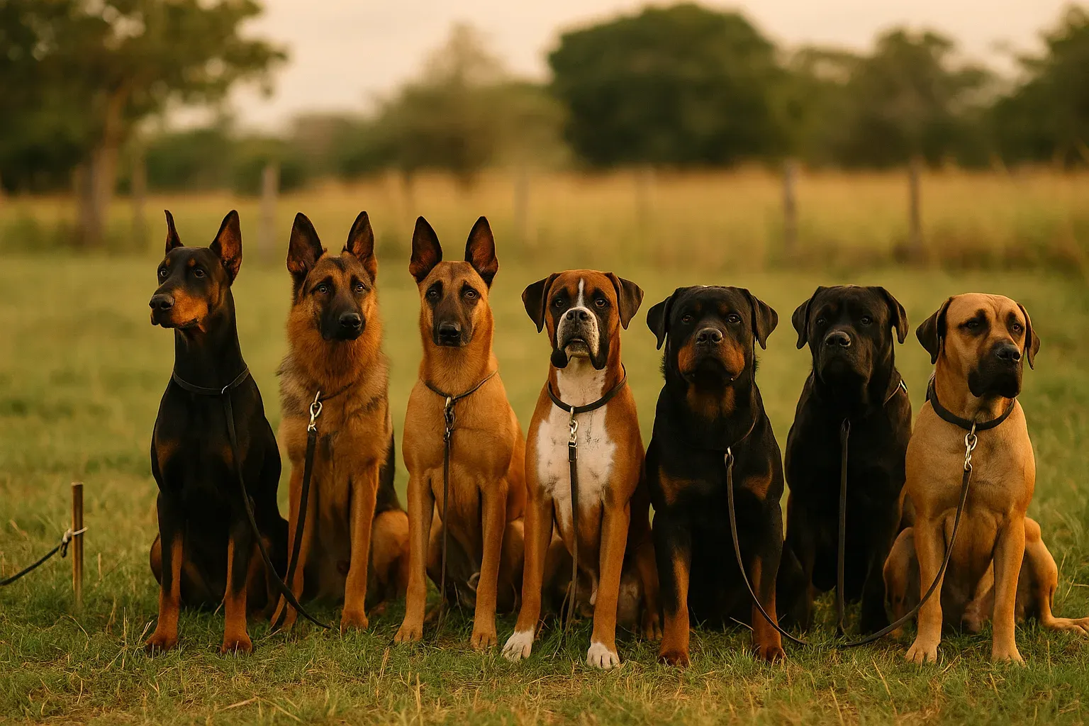 Siete perros de guarda de diferentes razas alineados uno al lado del otro en un césped soleado.