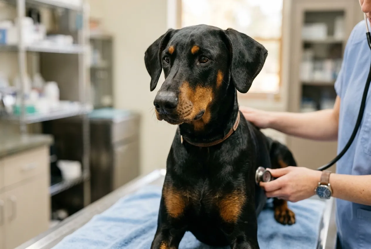 Doberman de orejas naturales en una clínica veterinaria recibiendo un examen en el tórax con estetoscopio.