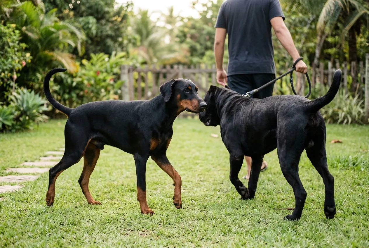 Doberman de orejas naturales y Cane Corso caminando juntos en un patio con césped al lado de una persona de espaldas.