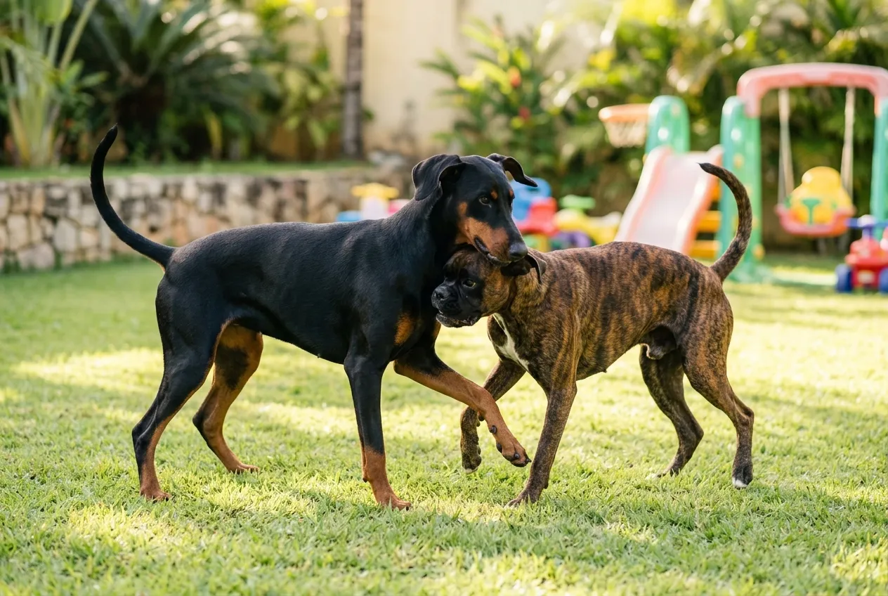 Un Doberman de orejas naturales y un perro Boxer juntos en un césped soleado en el patio.