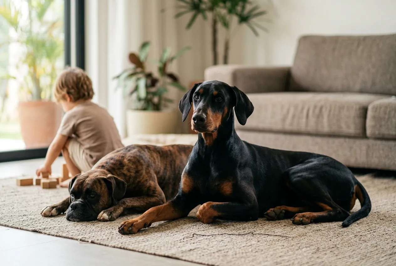 Doberman de orejas naturales y Boxer descansando en una alfombra de la sala junto a un niño pequeño.