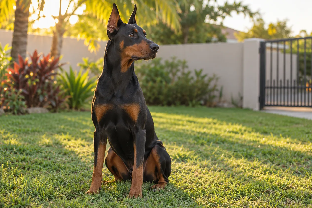 Doberman adulto negro y fuego con las orejas erguidas, sentado en el césped de un patio, girando la cabeza hacia quien lo llama