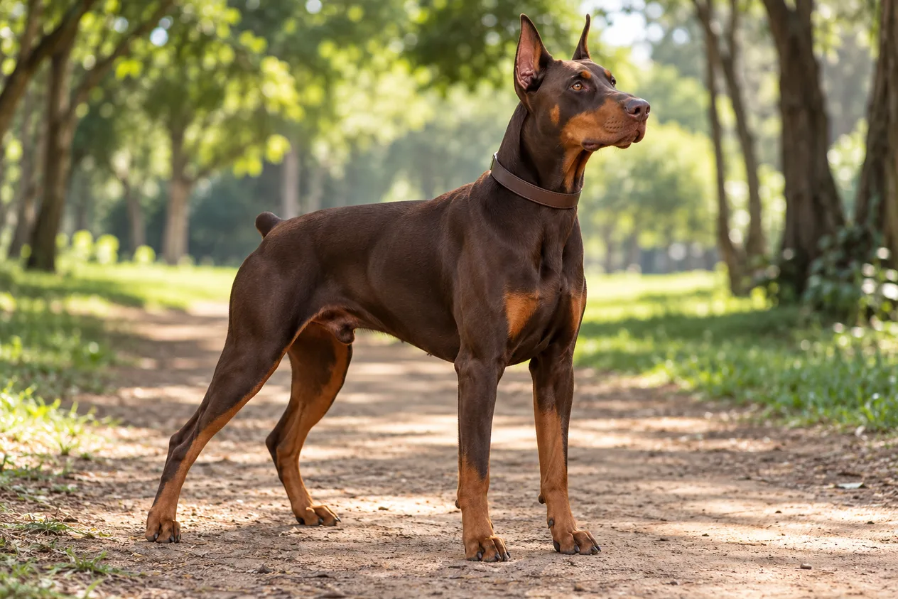 Doberman macho adulto marrón y fuego con las orejas erguidas, de pie en un sendero del parque, mirando atento a lo lejos