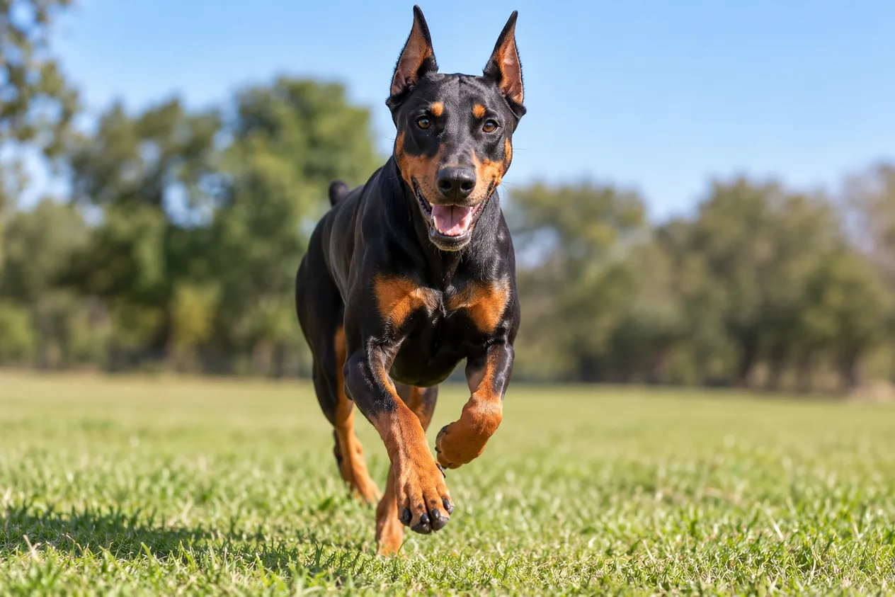 Doberman hembra adulta negra y fuego con las orejas erguidas corriendo por el césped hacia quien la llama