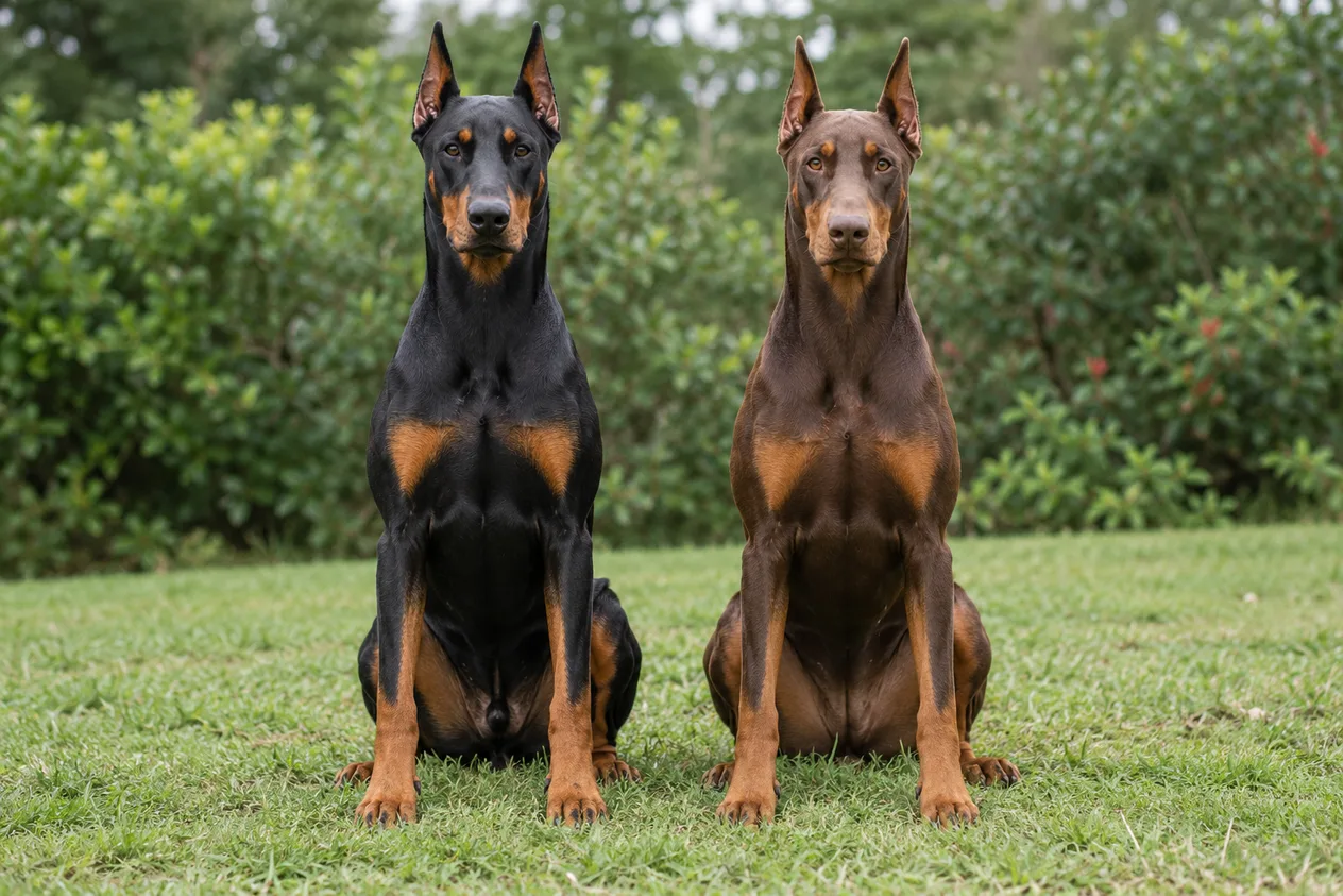 Dos Doberman adultos con las orejas erguidas sentados uno junto al otro en el césped, uno negro y fuego y otro marrón y fuego