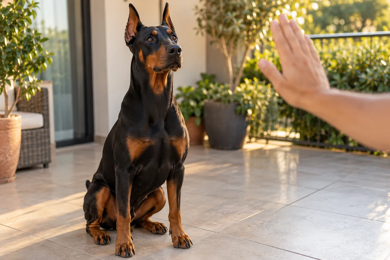 Doberman adulto negro y fuego con las orejas erguidas sentado en el porche, mirando la mano abierta del tutor que le indica quieto