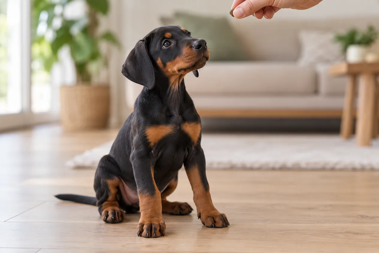 Cachorro de Doberman negro y fuego con las orejas caídas sentado en el suelo de la sala, mirando una mano que sostiene un premio