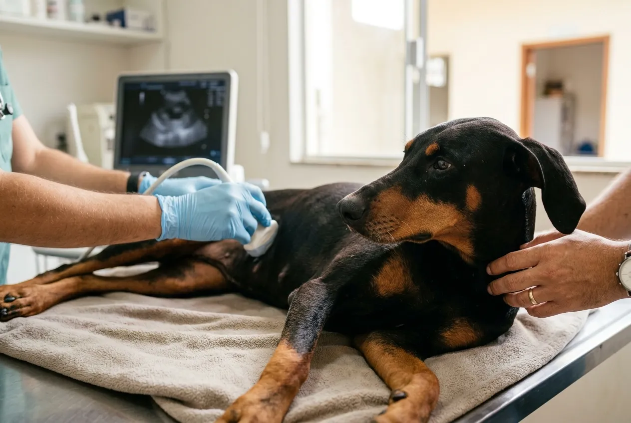 Veterinário faz ultrassom no abdômen de uma Doberman de orelhas naturais deitada em uma clínica iluminada.