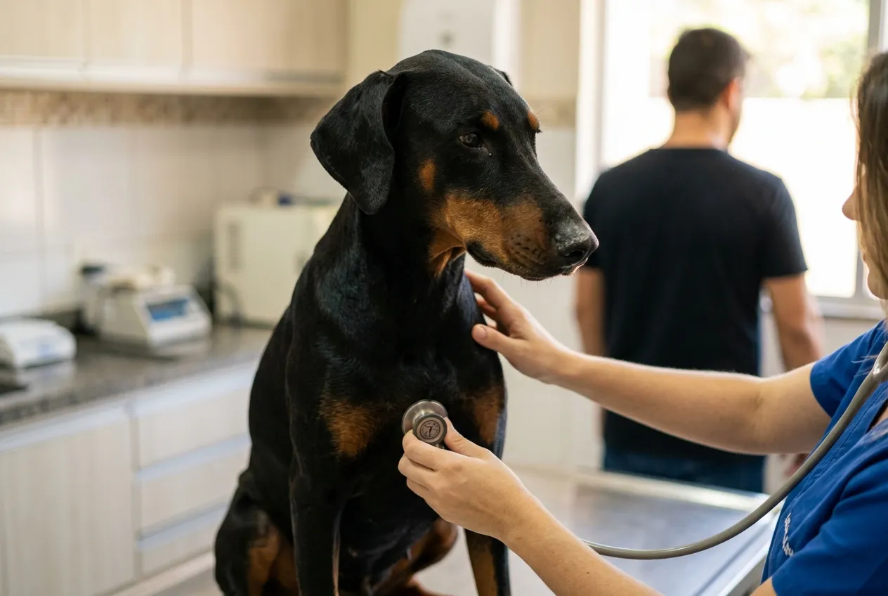Veterinário auscultando o peito de um Doberman de orelhas naturais em um consultório com luz natural.