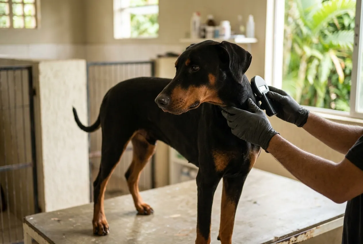 Manos sosteniendo un lector de microchip en el lomo de un perro Doberman con orejas naturales.