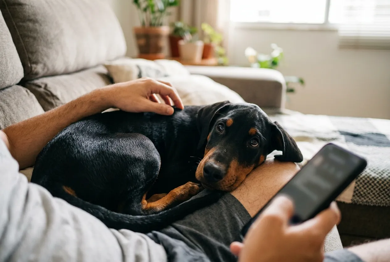 Persona sostiene un celular y acaricia a un cachorro Doberman de orejas naturales en su regazo en la sala.