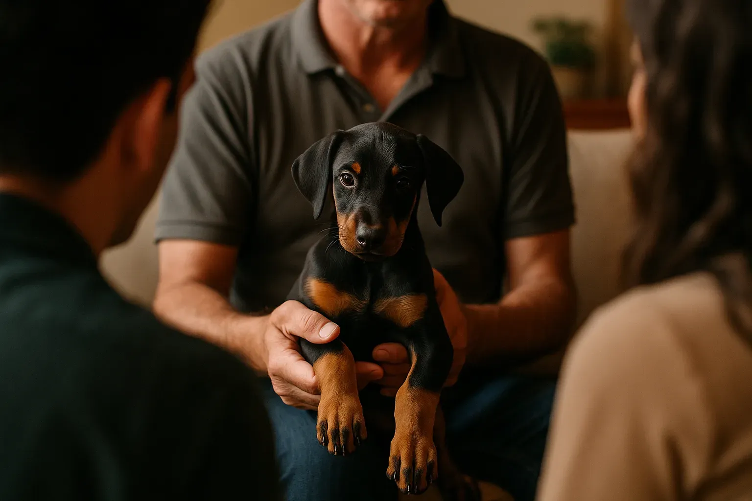 Criador sostiene a un cachorro Doberman con orejas naturales cerca de una pareja desenfocada en una sala.