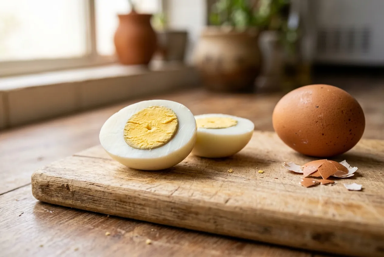 Ovo de galinha cozido cortado ao meio sobre tábua de madeira, com clara e gema firmes, ao lado de um ovo inteiro de casca marrom
