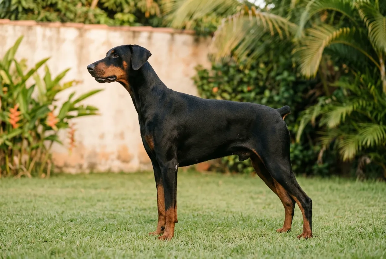 Doberman adulto em pé de perfil no gramado, com cintura marcada e abdome recolhido, mostrando a condição corporal ideal