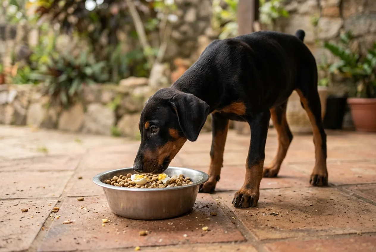 Filhote de Doberman comendo de uma tigela de inox com ração e pedaços de ovo cozido