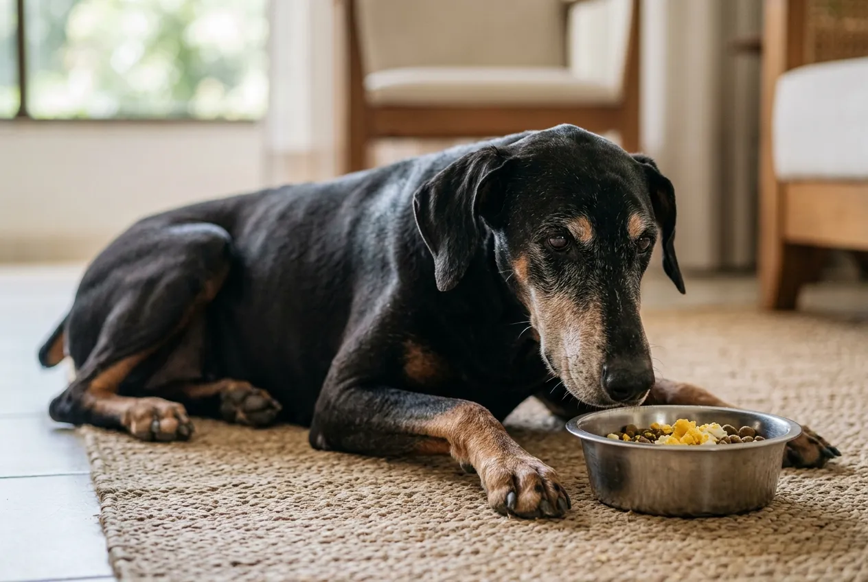 Doberman idoso de focinho grisalho deitado num tapete ao lado da tigela de ração com gema de ovo cozida esfarelada