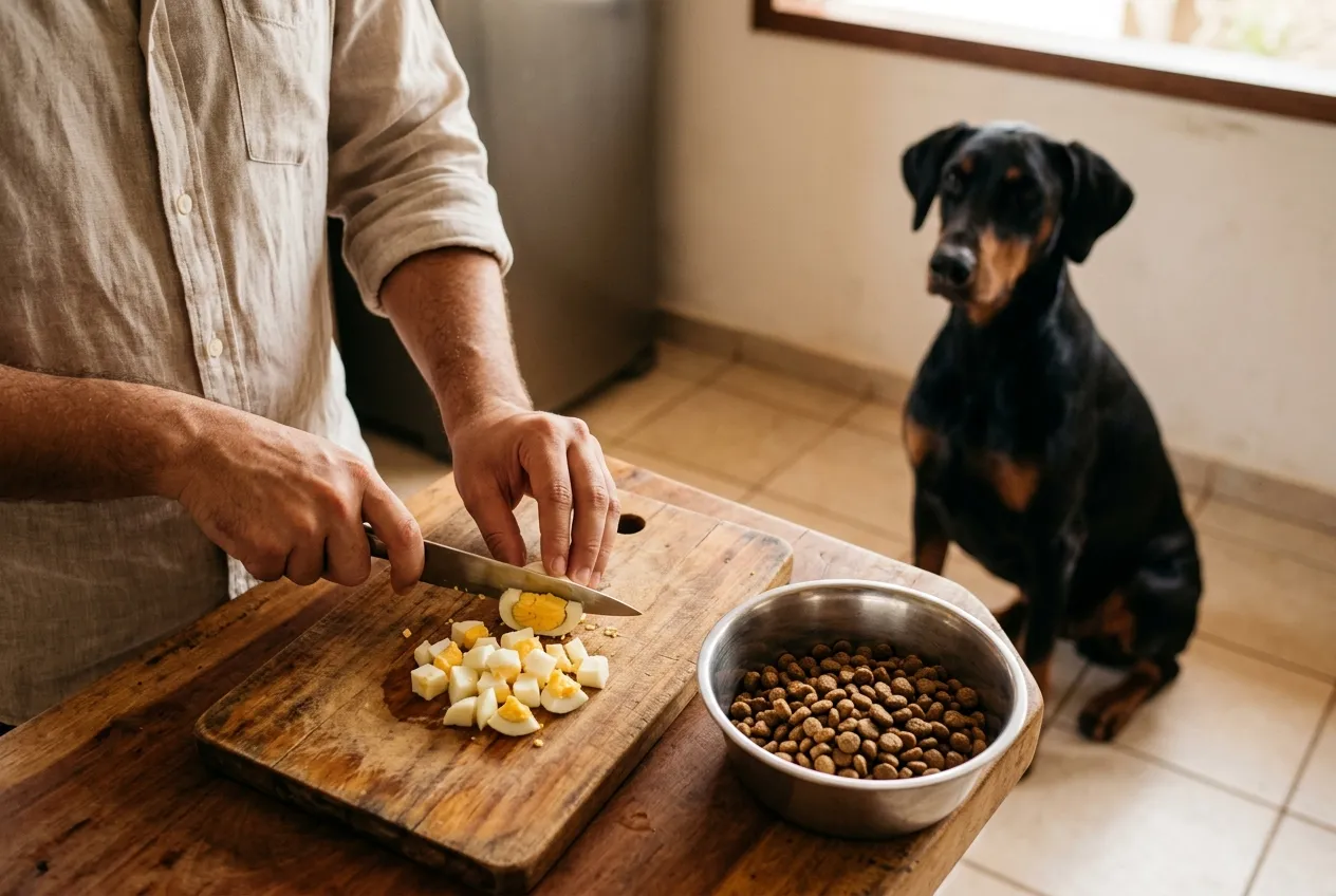 Mãos cortando ovo cozido em cubos pequenos numa tábua, ao lado de uma tigela de ração, com um Doberman sentado observando ao fundo