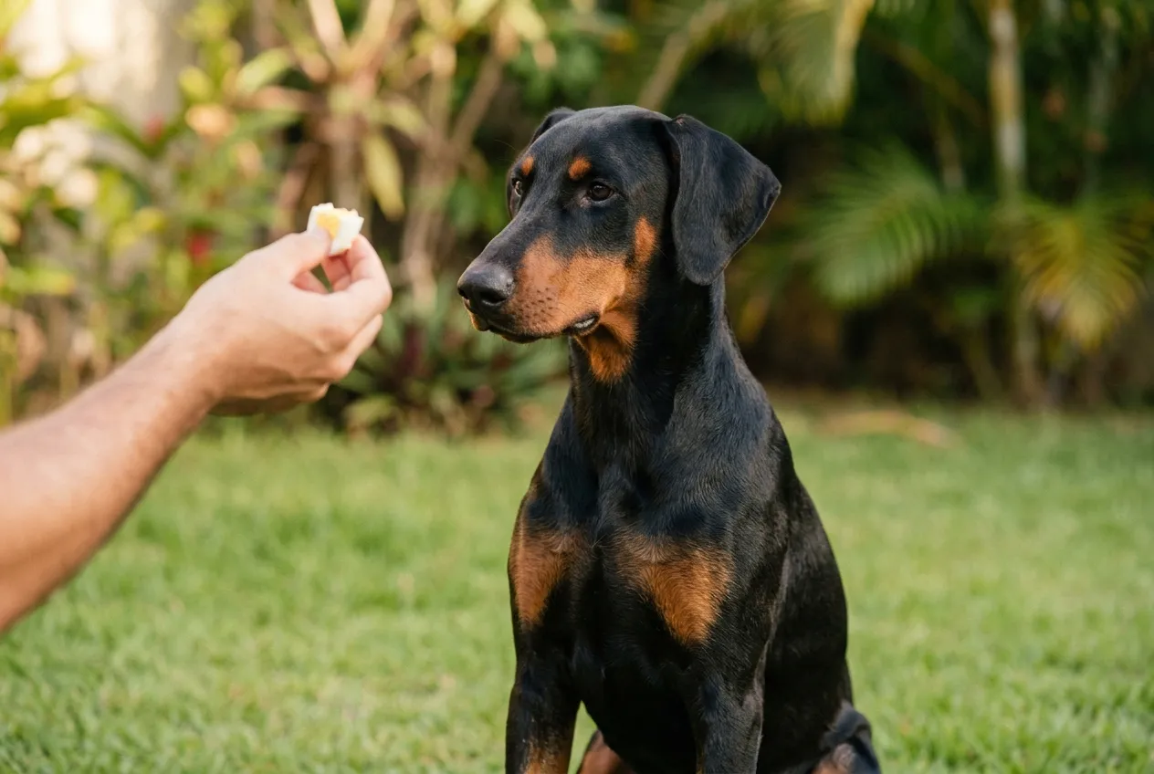 Doberman jovem sentado no gramado olhando para um cubinho de ovo cozido na mão do tutor, como recompensa de treino
