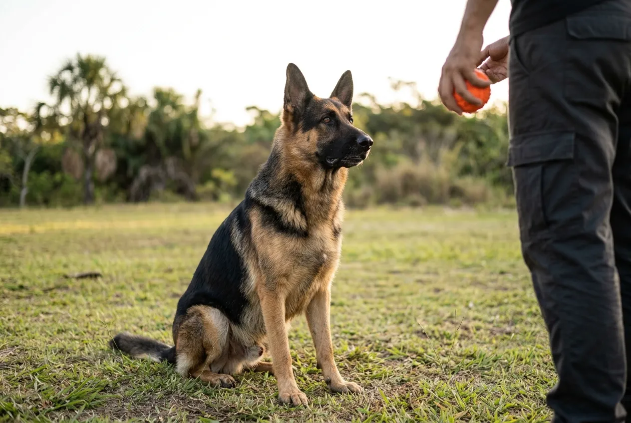 German Shepherd sitting on a grassy park, looking attentively at its owner's hand holding a toy.