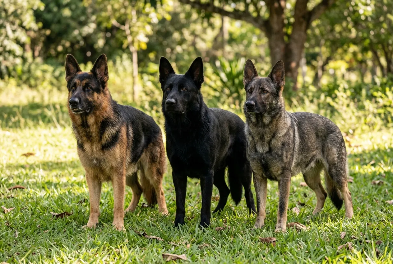 Three German Shepherd dogs with black and tan, solid black, and sable coats together in a sunny park.