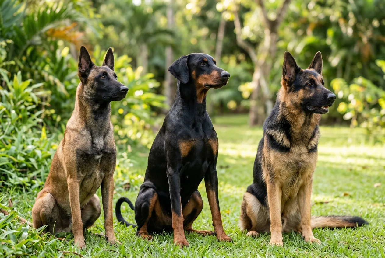 Um Belga Malinois, um Doberman de orelhas naturais e um Pastor Alemão sentados juntos em um gramado ensolarado.