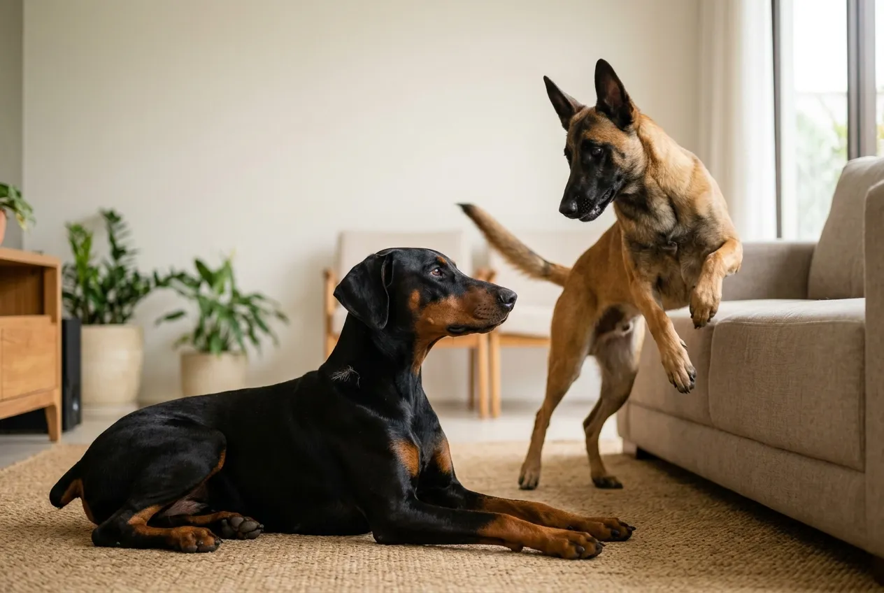 Pastor Belga Malinois agitado saltando na sala enquanto um Doberman de orelhas naturais descansa no tapete.