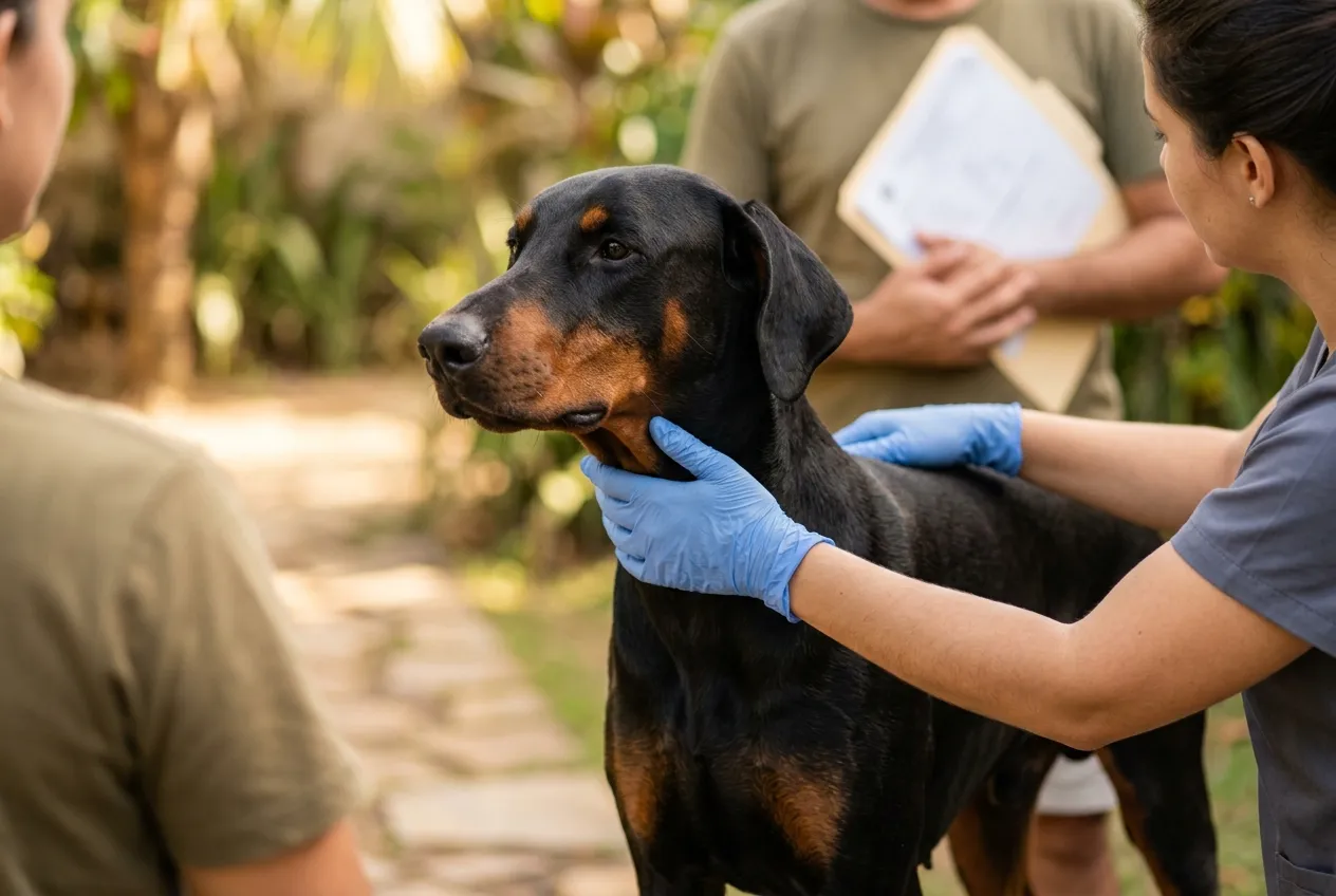 Black and tan Doberman with natural ears being carefully examined by a vet in an outdoor setting.
