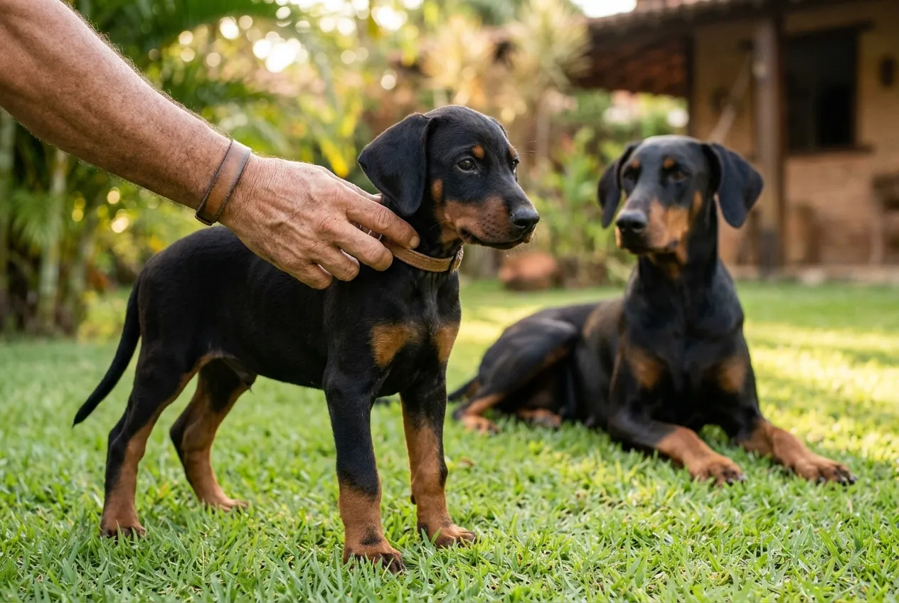 Hand holds collar of a natural-eared Doberman puppy on a sunny lawn, with an adult female dog in the background.