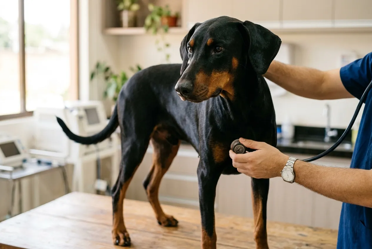 Veterinarian examining a Doberman with natural ears using a stethoscope in a bright veterinary clinic.