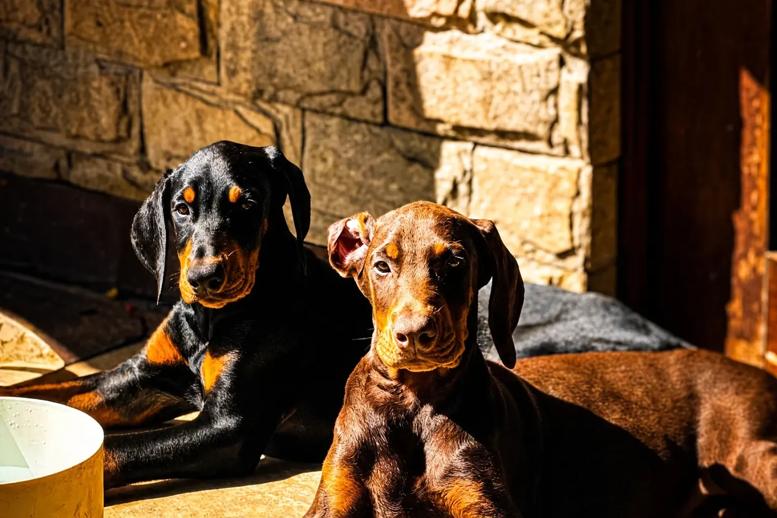 Dois filhotes de Doberman deitados lado a lado na área externa do canil Dobs Kennel