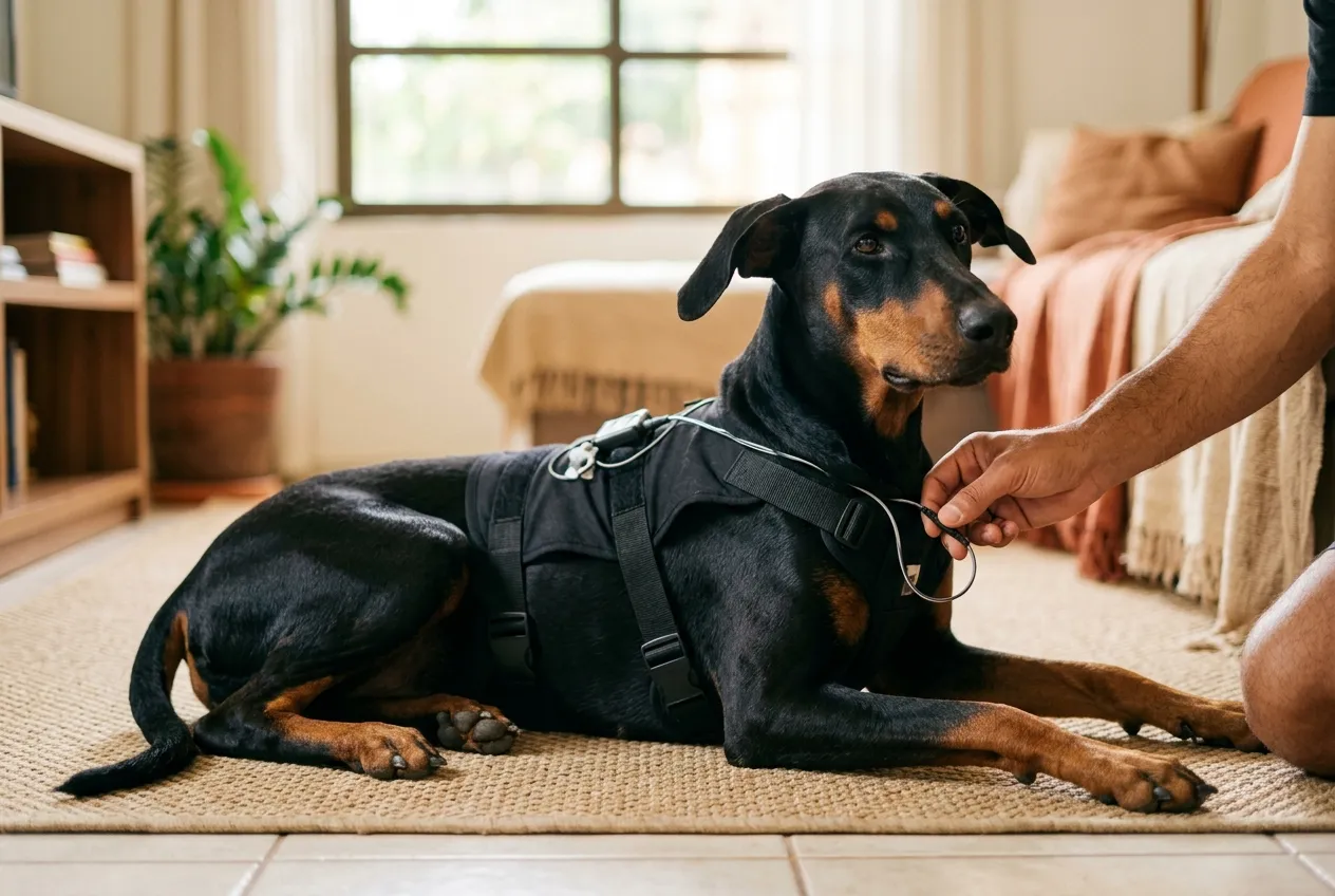 Natural-eared Doberman lying on the floor wearing a black cardiac monitoring vest, receiving a gentle pet on its back.