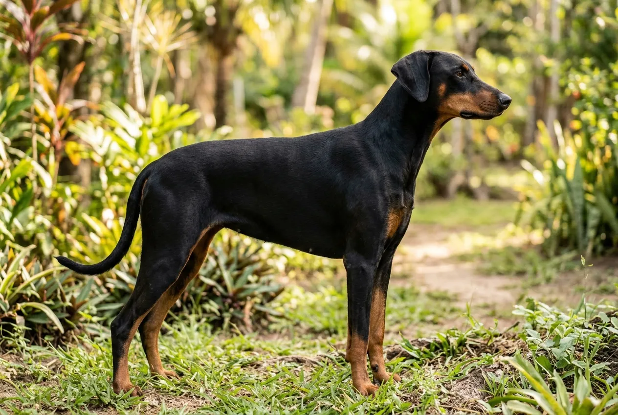 Natural-eared Doberman standing in a garden, showing its lean silhouette and well-defined waist.