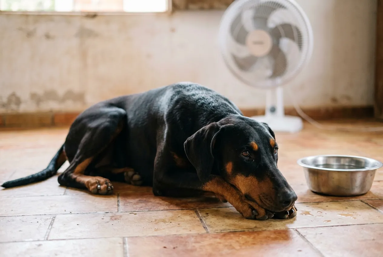 Natural-eared Doberman lying on a cool tile floor in a spacious room, next to a bowl of fresh water.