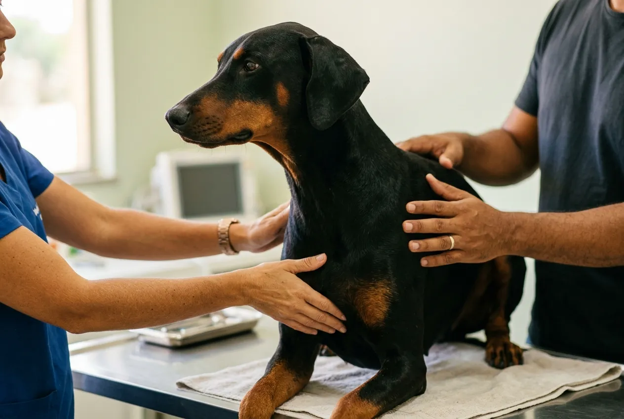 Doberman with natural ears at a preventive veterinary checkup, focusing on the dog and owner's hands.
